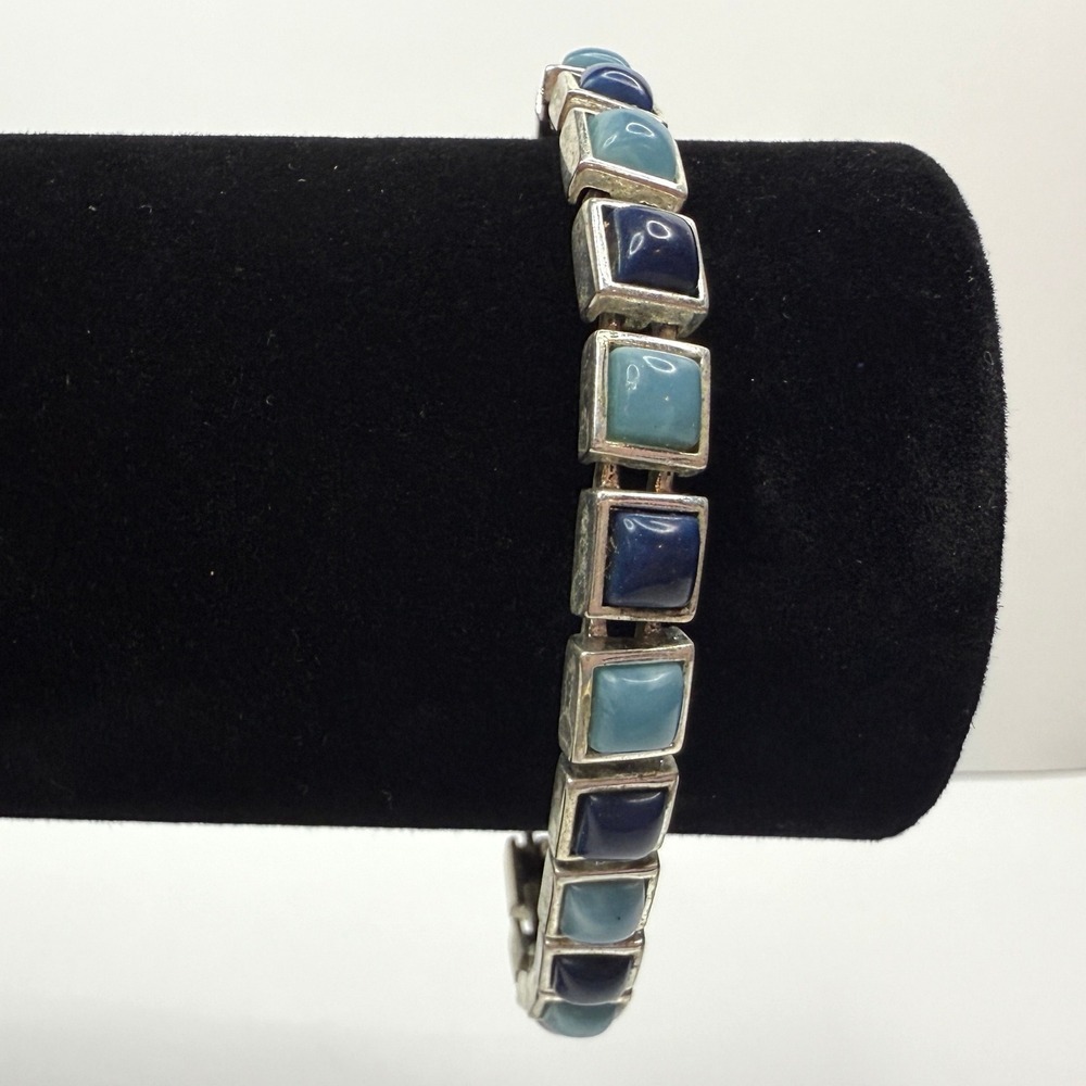 Two Tone Blue Square Stones Tennis Bracelet Silver Tone Fashion Jewelry 7.5 in L